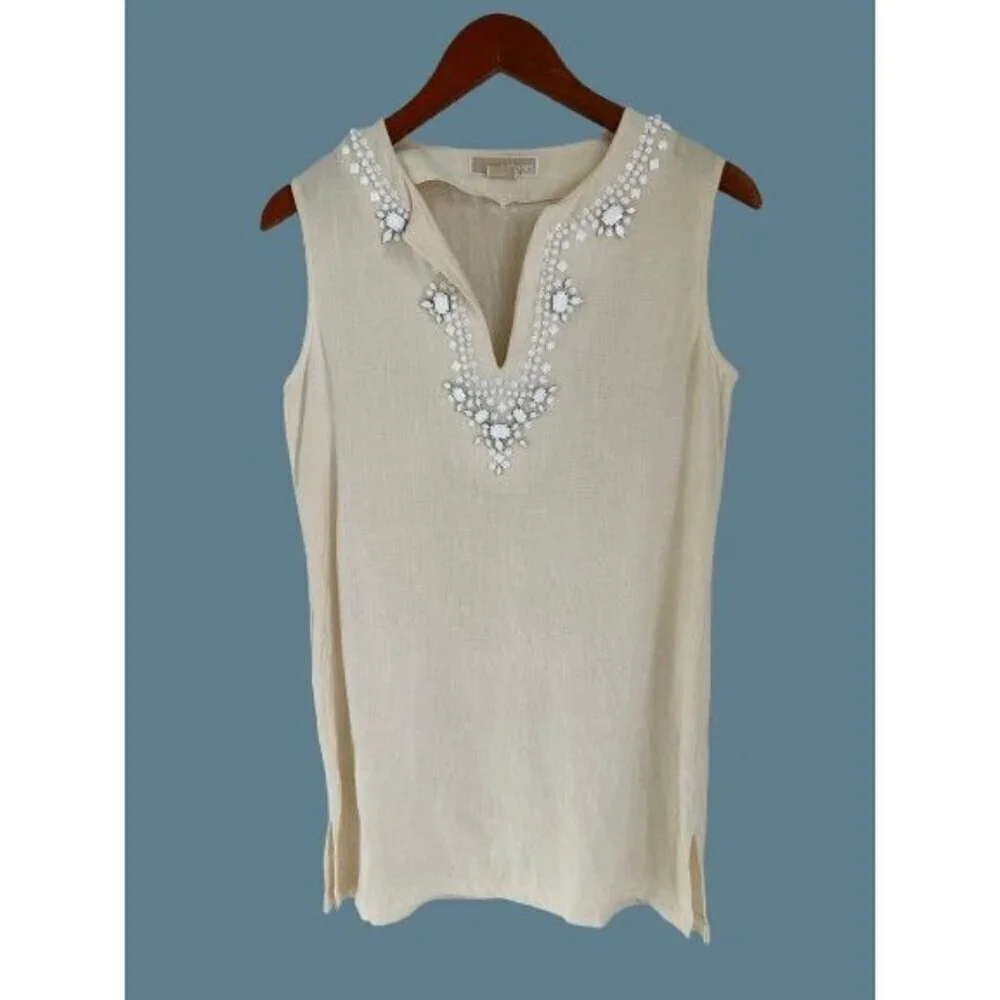 MICHAEL KORS 100% Linen Tunic Beaded Off-White Sleeveless Size 4